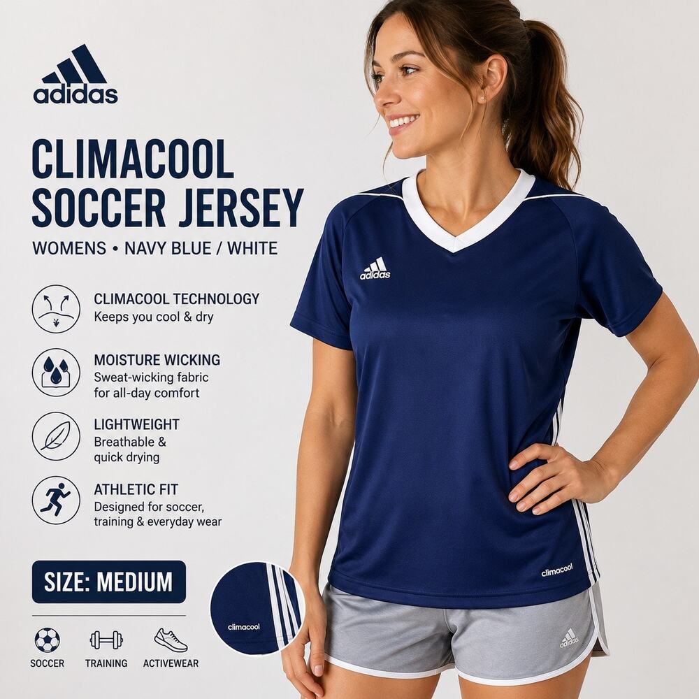 Adidas Womens ClimaCool Soccer Jersey Medium Navy Blue White V Neck Athletic NWT